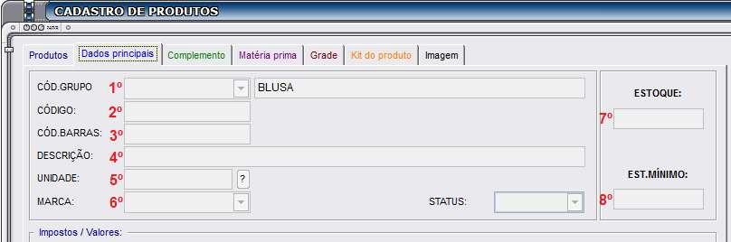 Segue abaixo um passo a passo de como realizar o preenchimento dos campos: 1º CÓD. GRUPO: Selecione o grupo de produto no qual este produto será associado.