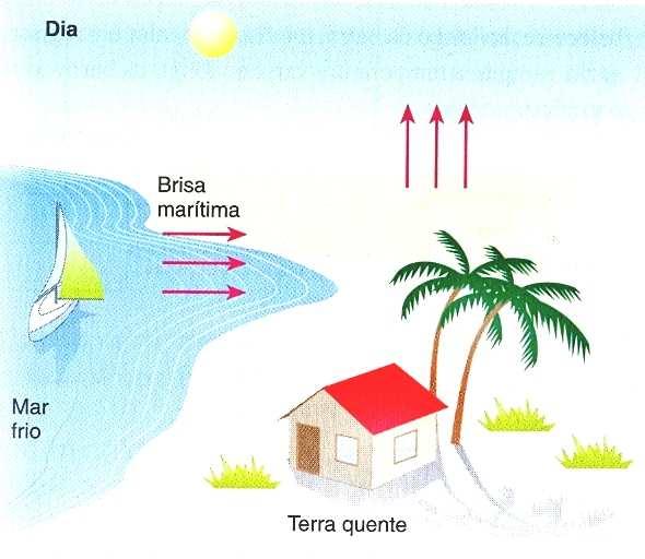 As brisas que ocorrem nas regiões litorâneas podem ser explicadas pelas correntes de convecção, associadas ao aquecimento da terra e do mar no decorrer do dia.