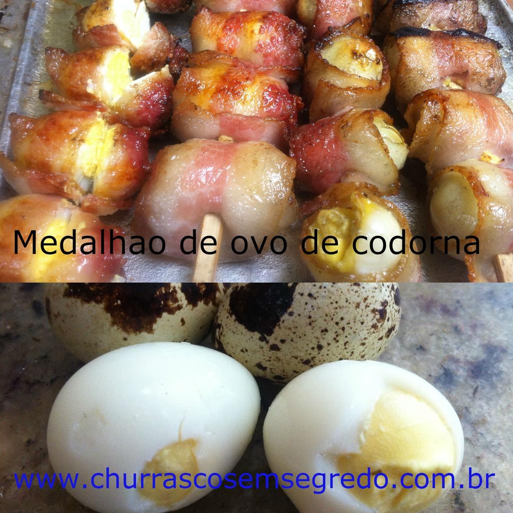 Medalhão ovo de codorna Ingredientes Ovos de codorna cozidos. Bacon fatiado. Espetos de bambu.