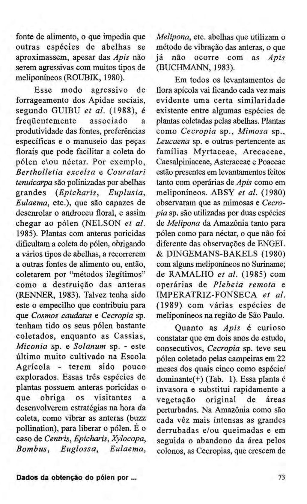 fonte de alimento, o que impedia que outras espécies de abelhas se aproximassem, apesar das Apis não serem agressivas com muitos tipos de meliponíneos (ROUBDC, 1980).