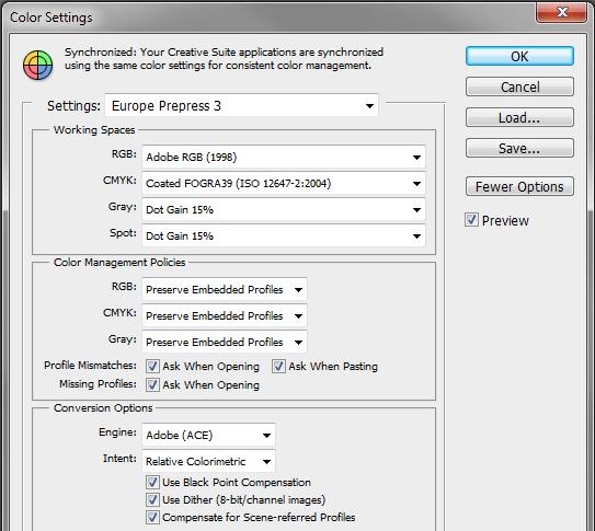 Sistema de Gestão de Cor ICC (CMS Color Management System) Exemplo de configurações de