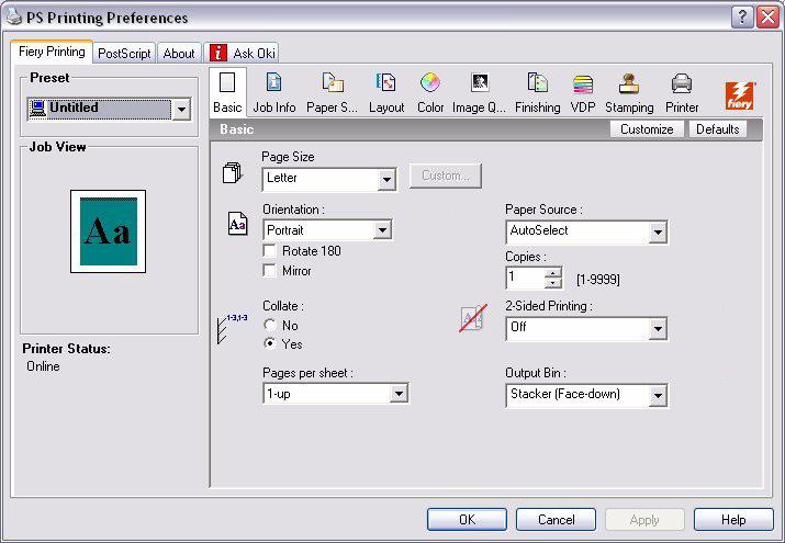 UTILIZAR UM CONTROLADOR PS Se clicar no botão Propriedades (Windows) ou Printer: (Impressora) (Mac) da caixa de diálogo de impressão da aplicação, a janela do controlador é aberta, permitindo assim