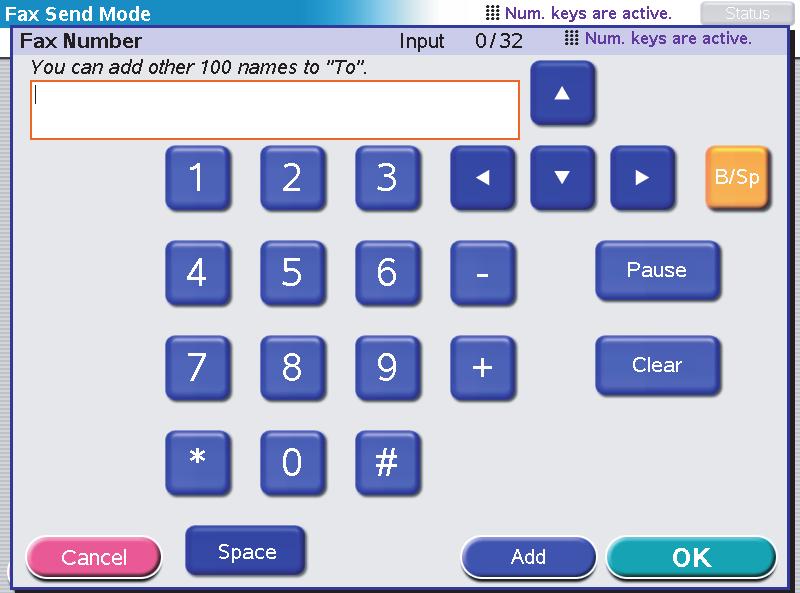 Por exemplo, utilizando o Teclado no Ecrã 1 2 (a) Introduza um endereço através do Teclado no Ecrã. (b) Prima o botão Adicionar (1) para adicionar este endereço à lista.