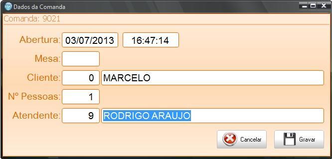 Dados da comanda <ctrl>+<a> - Nesta tela poderão ser fornecidos alguns dados adicionais para a comanda.