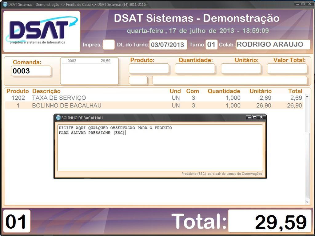 Inserir observação no item (produto).