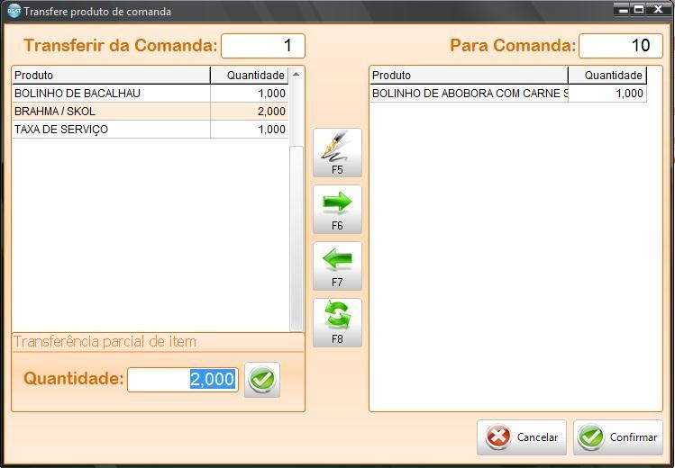 Transferência de itens (produtos). Este processo é feito na tela do caixa sem a necessidade de informar uma comanda.