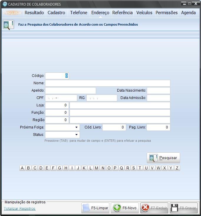 Nesta tela pode-se, pesquisar por um colaborador já cadastrado e alterá-lo, ou cadastrar um novo colaborador.