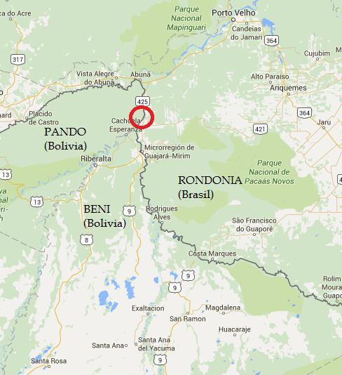 Figura 1 Região afetada pela UHE binacional (Google maps) Os departamentos de Beni e Pando possuem uma baixa densidade populacional, representando 4% e 1%, respectivamente, da população total do país