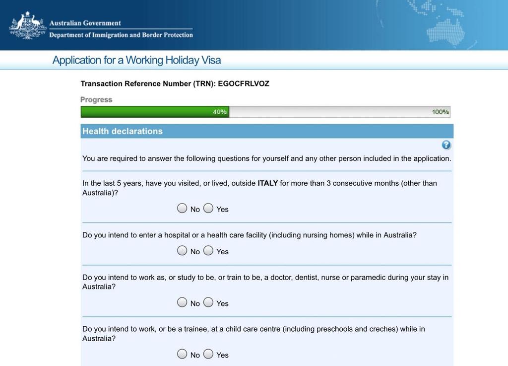 Do you intend to enter a hospital or a health care facility (including nursing homes) while in Australia? Você tem a intenção de entrar em um hospital ou clínica durante sua estadia na Austrália?