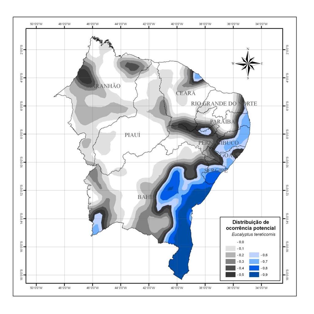 Figura 4. Distribuição de ocorrência potencial de Eucalyptus tereticornis na região nordeste do Brasil, obtida a partir da média de cinco modelos gerados pelo GARP (Figura 3).