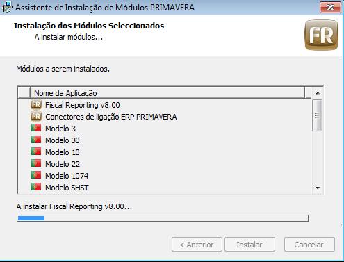 cancelar a instalação deverá selecionar o botão Cancelar e para modificar a lista dos módulos a instalar deverá selecionar o botão Anterior.