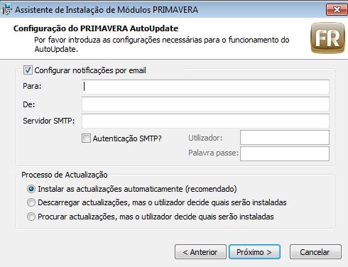 Ao ativar a opção "Configurar notificações por email" deve-se preencher os campos desse quadro.