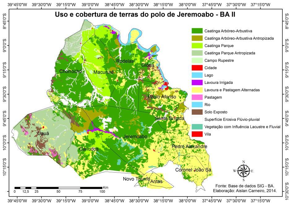 Figura 01: Uso e ocupação de terras no pólo de Jeremoabo Bahia. Tabela 1 - Tabela geral das métricas de paisagem. Onde: verde = Forma; azul = Borda; lilás = Área, densidade e Tamanho.