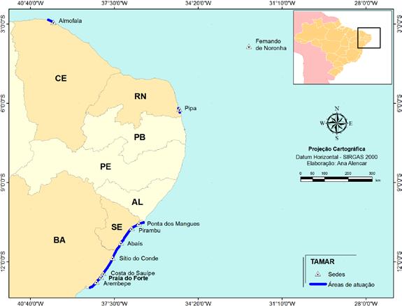 Figura 1 Área de atuação do Tamar no nordeste do Brasil.