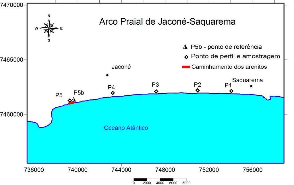 O arco praial como um todo não apresenta dunas frontais desenvolvidas, embora feições eólicas desenvolvam-se melhor à oeste, conforme constatado pela maior presença percentual de areia fina nos