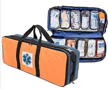 Bolsa Resgate Laranja e Azul P (Completa) 1 Parte: - 01 Colar Cervical PP - 01 Colar Cervical P - 01 Colar Cervical M - 01 Colar Cervical G - 01 Tipoia TNT - 06 Bandagens triangular P - 100cm x 70cm