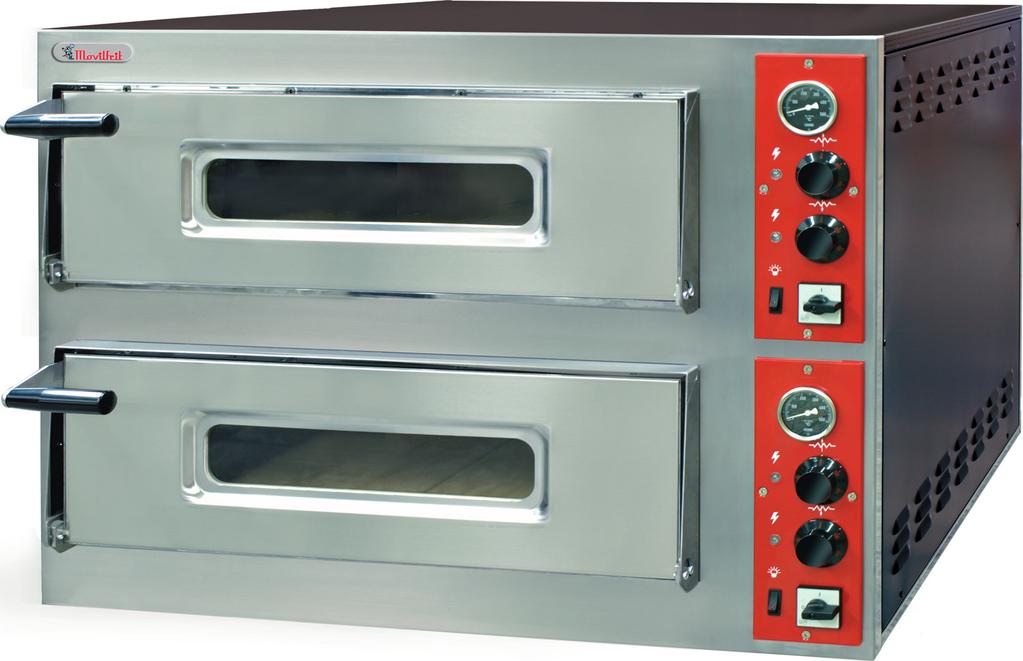 Porta com vidro resistente a altas temperaturas para poder controlar todo o tempo o estado das pizzas. Dispositivo de evacuação de fumos manual. Possibilidade de trabalhar a 230v.
