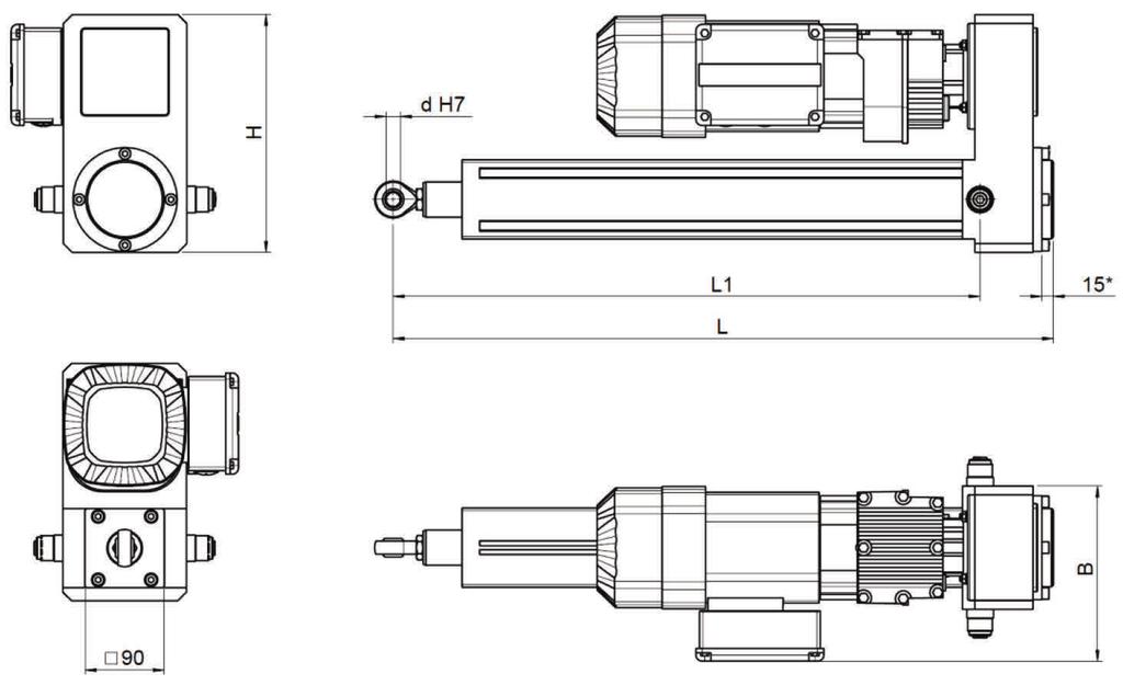 7.2 Dimensões do cilindro elétrico HEZ-2-U Designação de tipo L [mm] L1 [mm] B [mm H [mm d [mm] HEZ - 2 - U - T - 5-63 - XXXX- 0000 330 + Hub 245 + Hub 209 270 20 HEZ - 2 - U - T - 6-52 - XXXX- 0000
