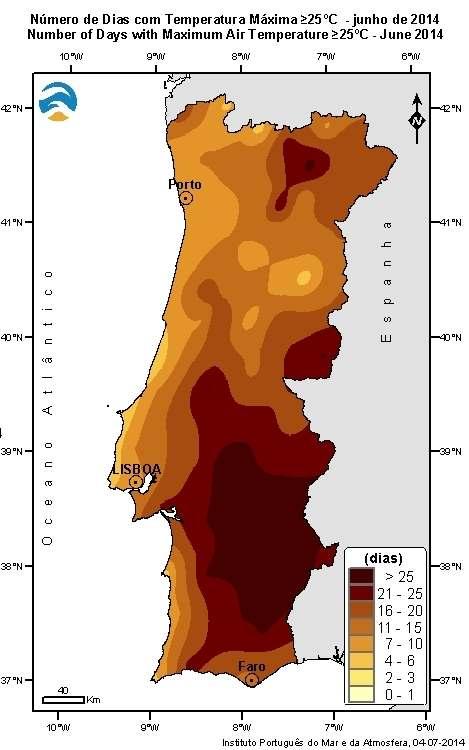 Tabela 2 - Numero de dias com temperatura mínima 20 C - Junho 2014 Estações Noites tropicais Faro 5 Lisboa I.G 4 Lisboa G.