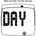 6. Os dias da semana estão indicados na moldura do visor, do seguinte modo: MON = Segunda-feira, TUE = Terça-feira, WED = Quarta-feira, THU = Quinta-feira, FRI = Sexta-feira, SAT = Sábado, SUN =