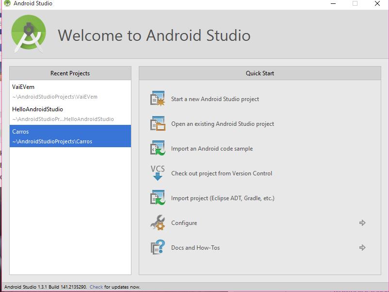 66 Figura 37 - Telas de boas-vindas do Android Studio Passo 4: O Android SDK Manager é o responsável pelo gerenciamento dos pacotes e