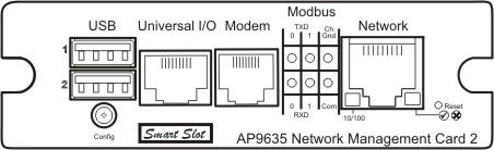 20 120 kva 400 V Dados técnicos Placa de gerenciamento de rede O nobreak está equipado com um Smart Slot que permite o uso de uma Placa de gerenciamento de rede.