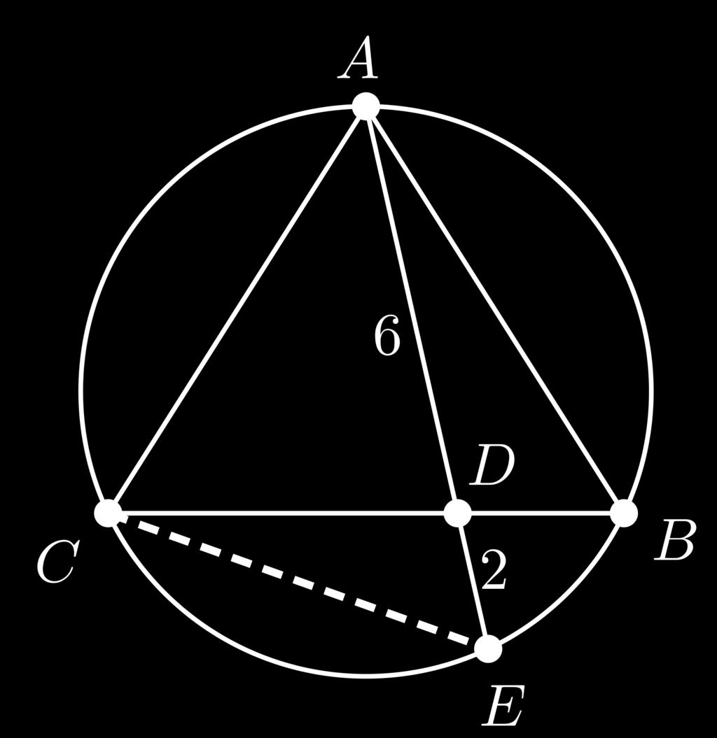 [9] Pelo vértice A de um triângulo isósceles ABC, com AB = AC, é traçada uma reta que encontra BC em um ponto D e o círculo circunscrito a esse triângulo em um ponto E.