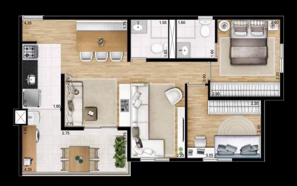 cozinha Ilustração artística da planta-tipo, 66 m 2, final 4, com sugestão de decoração.