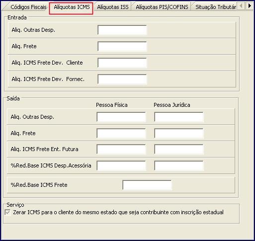 2.8 Acesse a aba Alíquota ICMS, informe as respectivas alíquotas relacionadas ao frete e clique Gravar; Observações: Os percentuais das alíquotas devem ser verificados com o contador da sua empresa;