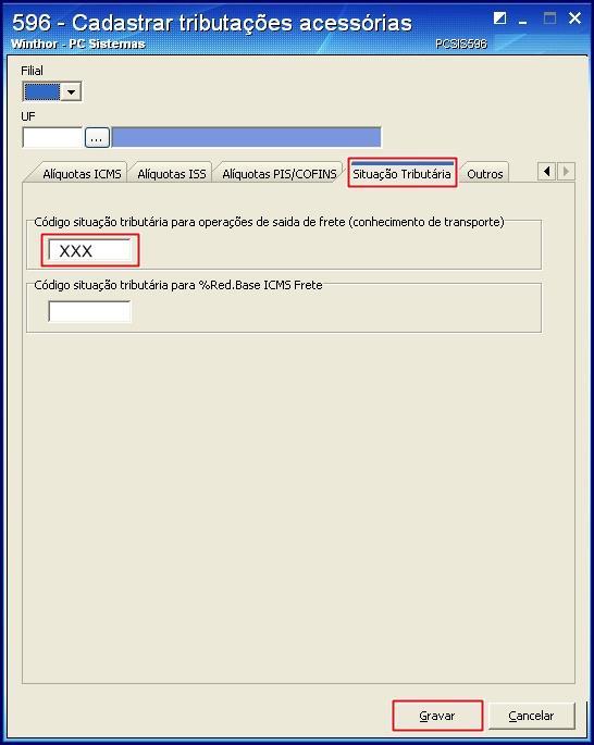 2.9 Acesse a aba Situação Tributária e informe o código para as operações de saída de frete, com três caracteres.