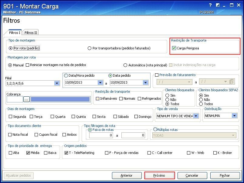 4.2 Marque a opção Gerar Novo Carregamento e clique o botão Próximo; 4.3 Na aba Filtros I, caixa Restrição de Transporte marque a opção Carga Perigosa.