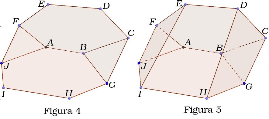 Se as duas faces hexagonais tiverem apenas um vértice comum (figura ), o poliedro deverá ter pelo menos 11 vértices, contrariando também V = 10.