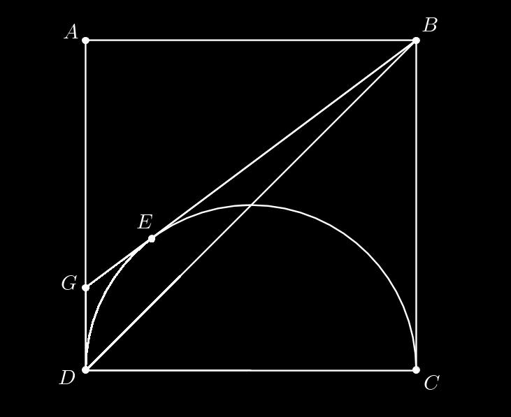 Questão 3 [,0 pt ] Sejam ABCD um quadrado de lado L, a semicircunferência de diâmetro CD, o segmento BG tangente à semicircunferência em E, conforme a figura abaixo.