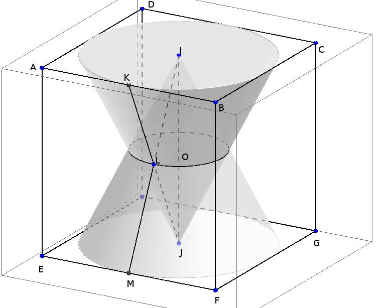 Questão 5 [,0 pt ] Considere o cubo ABCDEFGH de aresta a. Um cone C 1 tem base inscrita na face ABCD e vértice na intersecção das diagonais da face EFGH.