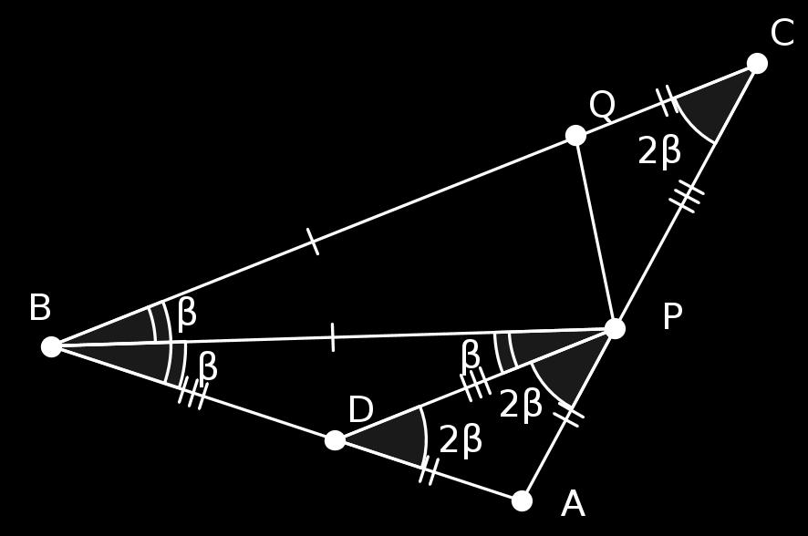 (b) Pela congruência de P AD e CQP, temos (QP C) = (ADP ) = β. Como P QC é isósceles, (QP B) = (P QB), e como (QP B) + (P QB) + β = 180, temos (QP B) = 90 β.