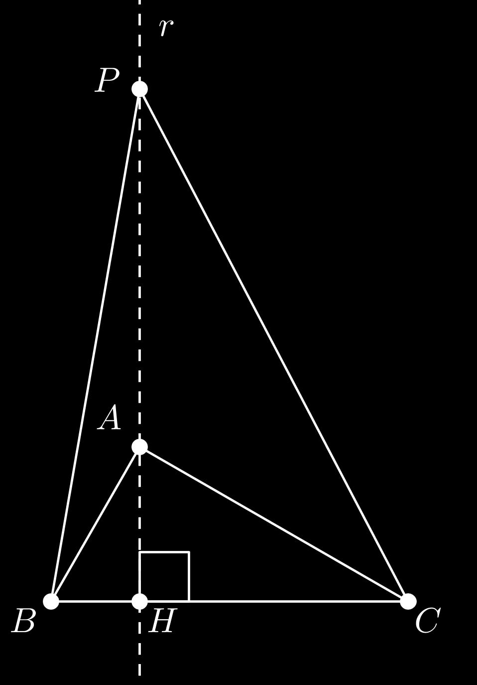 Questão 0 [,00 pts ] Considere um triângulo ABC retângulo em A. Por A, trace uma reta r perpendicular a BC, que encontra BC em H. Em r, marque o ponto P, tal que AP = BC, estando A entre P e H.