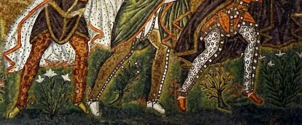 Ravena do séc. VI (fig. 4). Figura 4 Os três Reis Magos. Mosaico de Ravena do fim do séc.vi. Basílica di Sant ApollinareNuovo, Ravena.