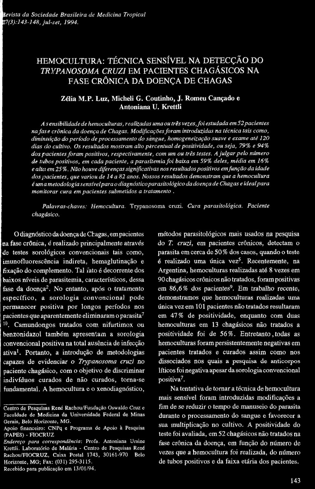 Revista da Sociedade Brasileira de Medicina Tropical Í7(3):l43-148, jul-set, 1994.