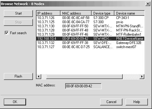 Surge uma visão geral de todos os participantes PROFINET IO que podem ser contatados via online com o instrumento de planejamento de projeto (Æ ver figura abaixo).