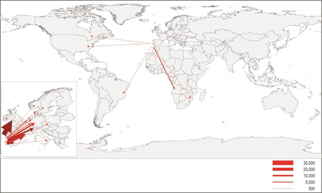 Mapa 2.1 Entradas de portugueses, principais países de destino da emigração, 2016 ou último ano disponível Nota [AGO] Dados dos vistos de emigração permanente. [BEL] 2015. [BRA] 2015. [USA] 2015.