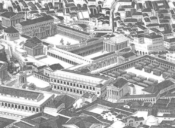 Na seqüência, percebe-se através da imagem reconstituída de parte do centro da cidade de Roma, seu caráter monumental. Aqui, o espaço é concentrado e maciço.