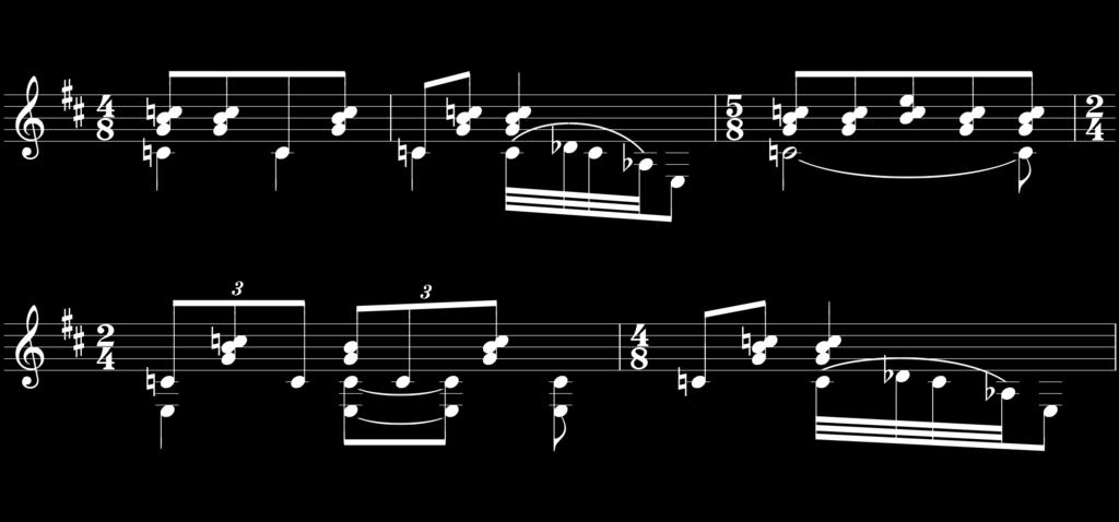 Na terceira parte (c. 12 ao 16) o acorde é tocado com o ritmo de quiálteras de colcheias ao invés das colcheias simples. O padrão se repete por três vezes seguidas entre o c. 12 e 15: 48 Ex. 3.2-2: c.