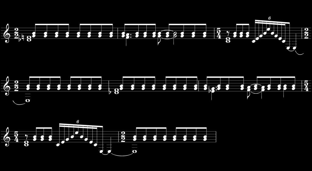 69 de 3M, porém estes intervalos são formados com diversas notas e são digitados na quarta e quinta corda (notas com a haste para baixo nas figuras a seguir) em ritmos diversos.