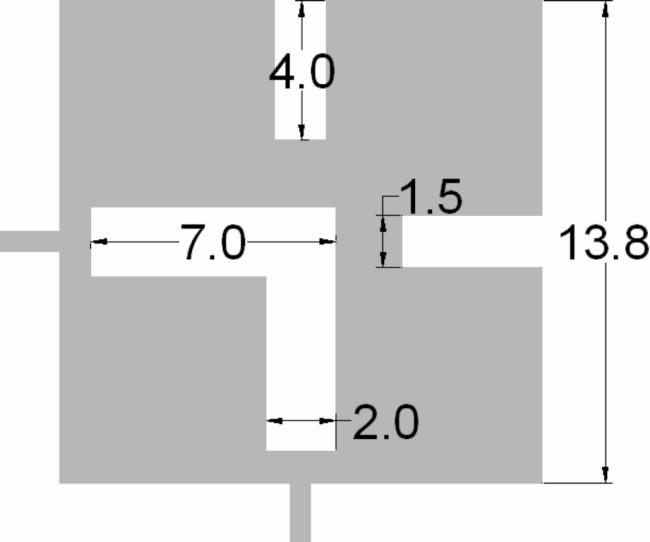 70 Figura 45. Leiaute do filtro quadrado sem otimização e resposta em freqüência simulada. Dimensões em mm.