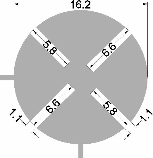 Figura 72. Leiaute final do filtro patch circular de 3-pólos. Dimensões em mm. 4.3.4 RESULTADOS E DISCUSSÕES A Figura 73 mostra o protótipo do filtro patch circular passa-faixa de terceira ordem.
