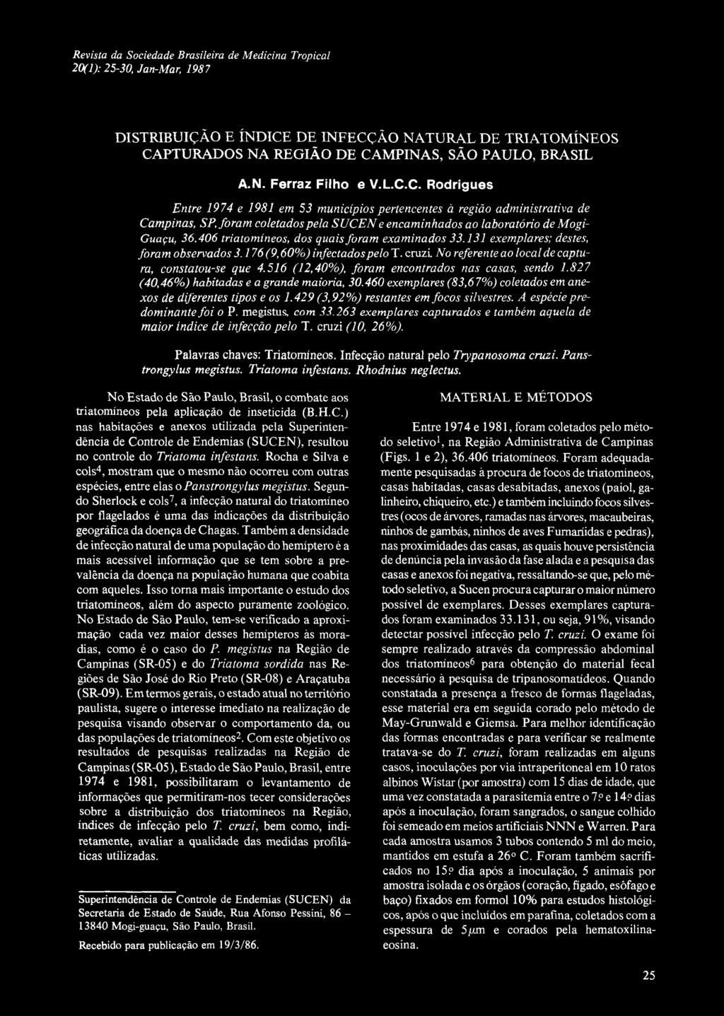 Revista da Sociedade Brasileira de Medicina Tropical 20(1): 25-30, Jan-Mar, 1987 DISTRIBUIÇÃO E ÍNDICE DE INFECÇÃO NATURAL DE TRIATOMÍNEOS CAPTURADOS NA REGIÃO DE CAMPINAS, SÃO PAULO, BRASIL A.N. Ferraz Filho e V.