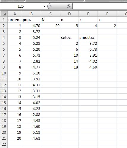 Amostragem sistemática Tamanho da população: N = 0 Tamanho da amostra: n = 5 k =