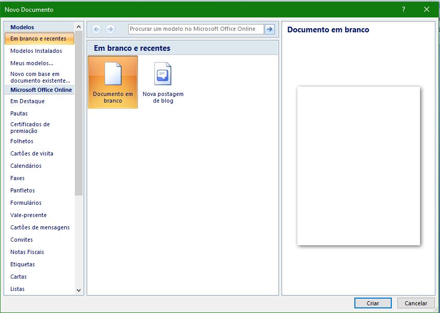 2- Quando abrir a caixa de diálogo de Novo documento, clique na opção Novo documento em branco e em seguida clique no botão Criar conforme descrito na figura abaixo.