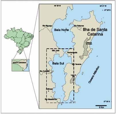 Navigator 16 Projeto Resgate Barra Sul: pesquisa arqueológica subaquática no sul de Florianópolis - SC Figura 1: Mapa de localização de Florianópolis (SILVA, 2002) mites geográficos são: ao sul, o
