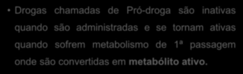 3. Ativação da droga inativa (pró-droga ou pró- fármaco) Drogas chamadas de Pró-droga são inativas quando são